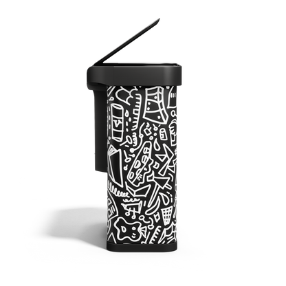 Side view of Simplehuman 58L Sensor Recycler, Doodle Art finish, touch-free dual bin with lid open.