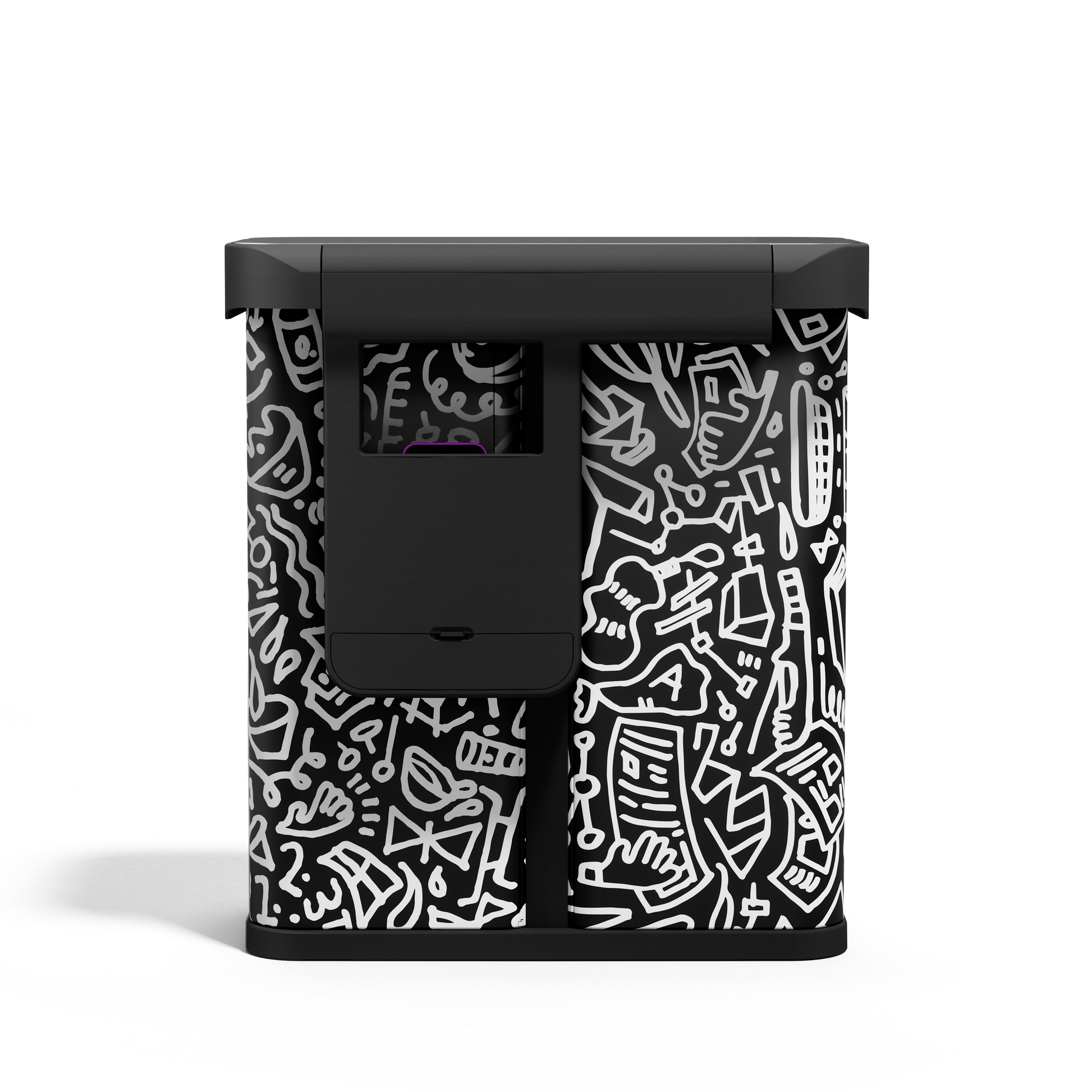Simplehuman 58L Sensor Recycler, Doodle Art finish. Open view showing touch-free dual bins.