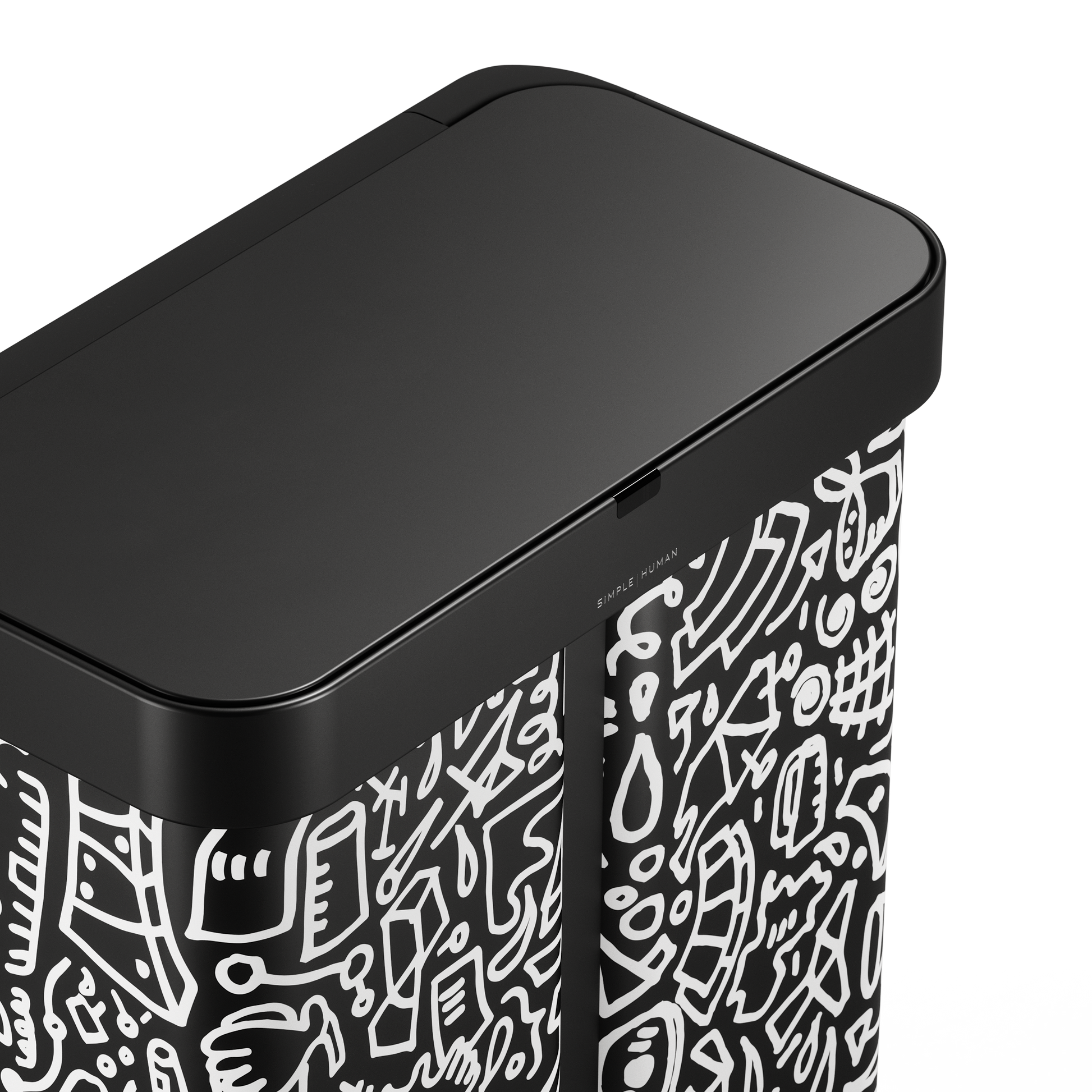 Close-up detail of the Simplehuman 58L Sensor Recycler in Doodle Art finish, highlighting the modern pattern and touch-free lid structure.