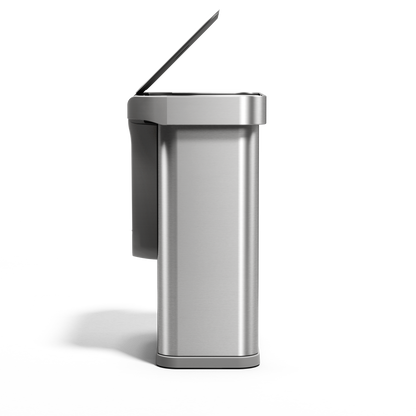 Side view of Simplehuman 58L Rectangular Sensor Can in Brushed Stainless Steel with touch-free lid open.