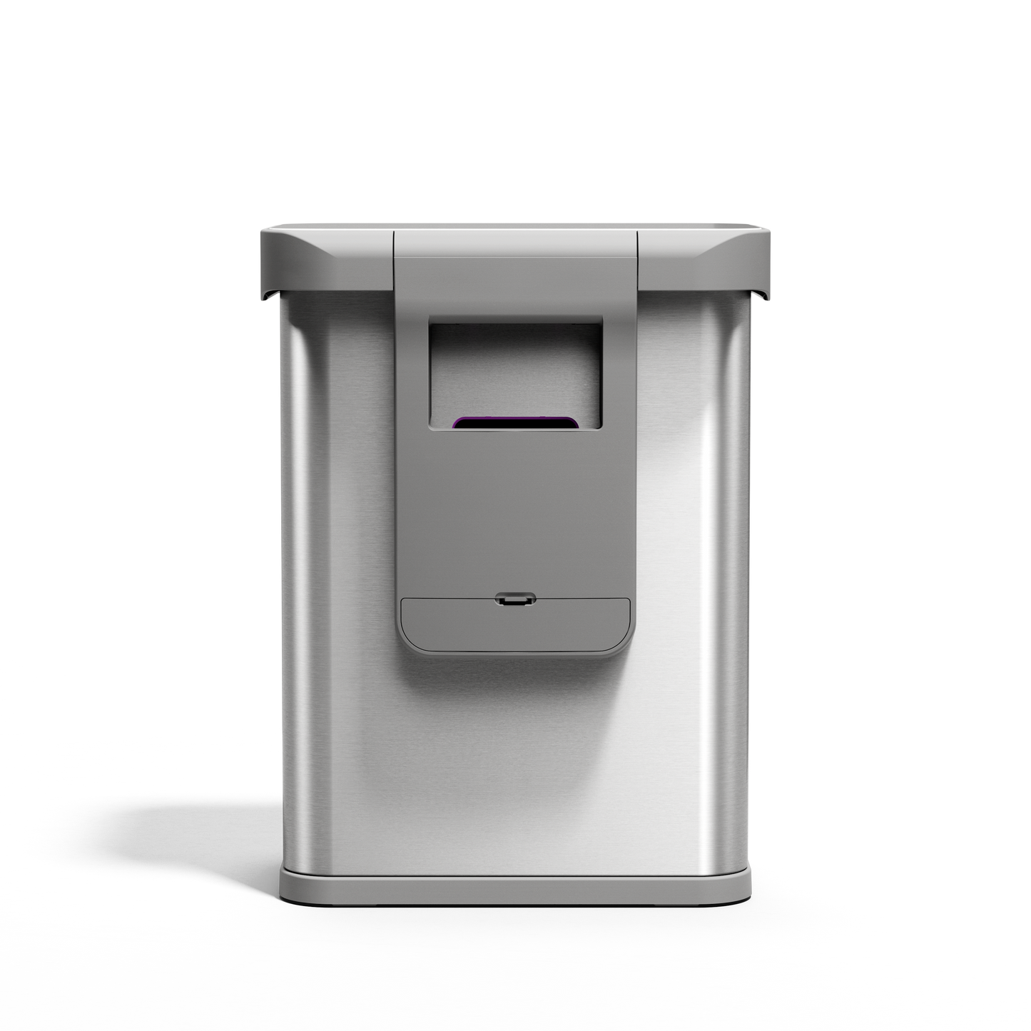 Straight-on view of Simplehuman 58L Rectangular Sensor Can in Brushed Stainless Steel, touch-free operation.