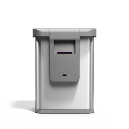 Straight-on view of Simplehuman 58L Rectangular Sensor Can in Brushed Stainless Steel, touch-free operation.
