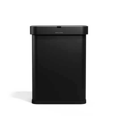 Frontal view of Simplehuman 58L Rectangular Sensor Can in Matte Black, touch-free operation.