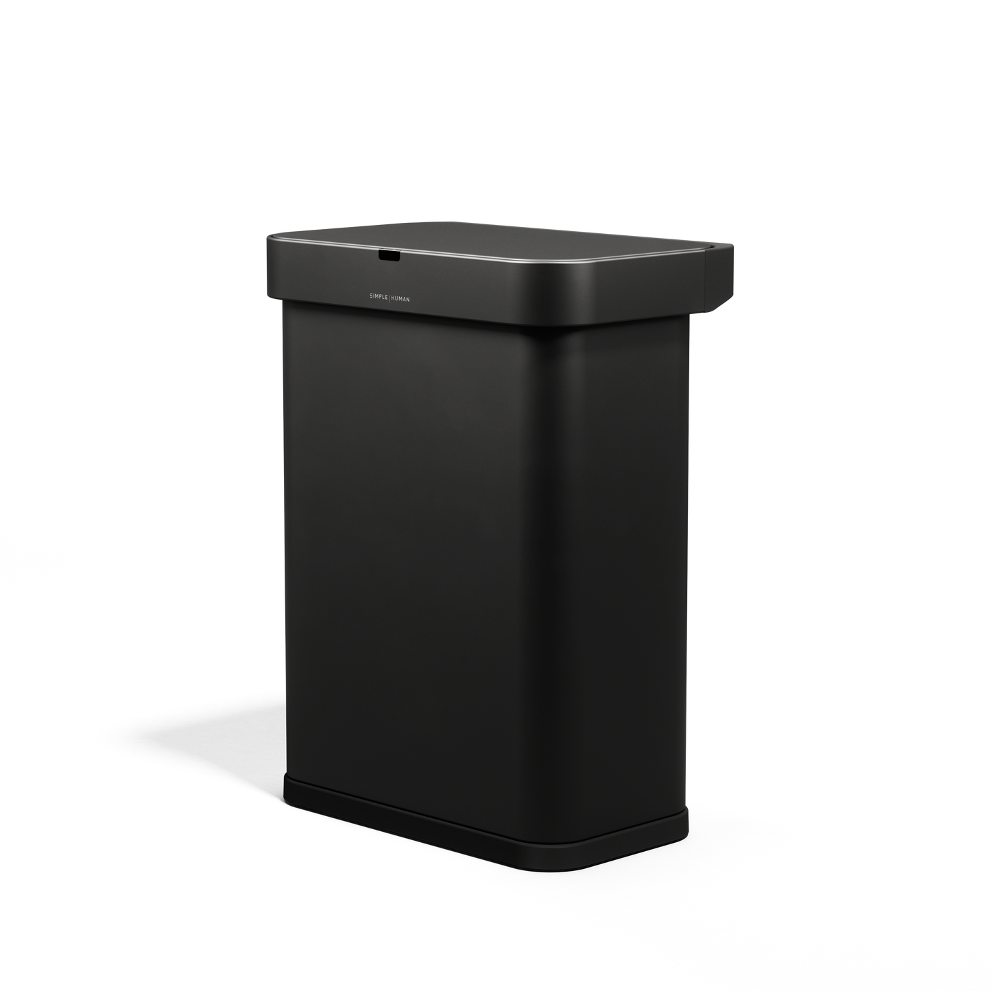 Angled view of Simplehuman 58L Rectangular Sensor Can in Matte Black, touch-free operation.