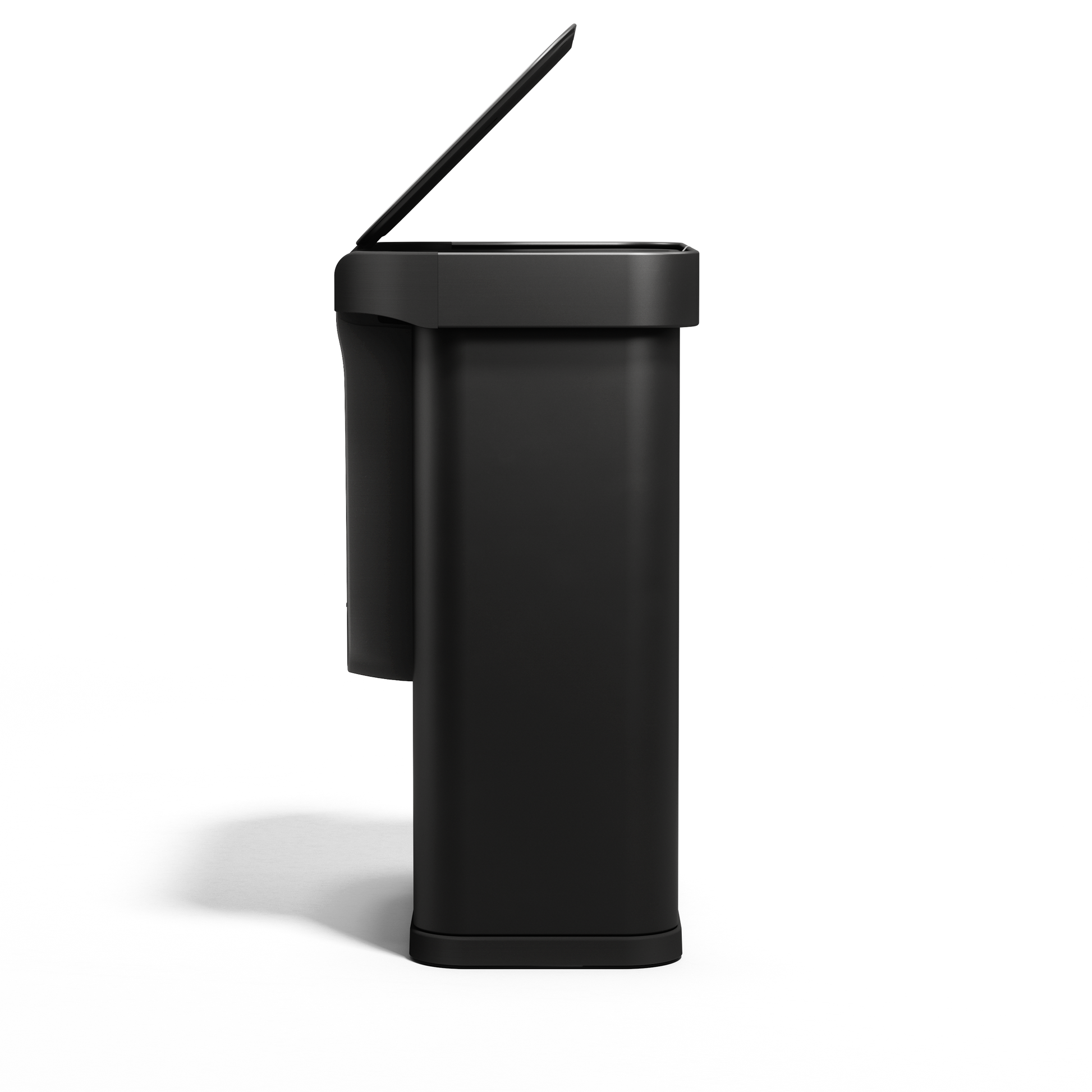 Side view of Simplehuman 58L Rectangular Sensor Can in Matte Black, touch-free lid open.