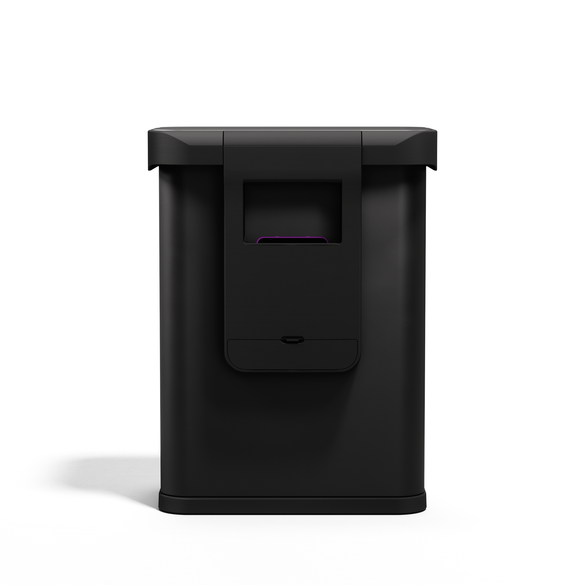 Back view of Simplehuman 58L Sensor Can in Matte Black, showing the lid hinge and rear access panel.