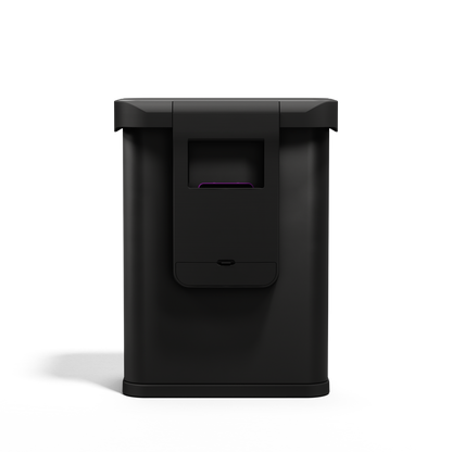 Back view of Simplehuman 58L Sensor Can in Matte Black, showing the lid hinge and rear access panel.