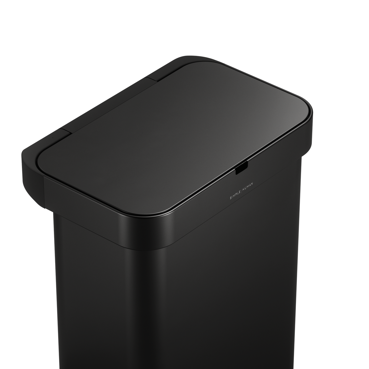 Detail view of Simplehuman 58L Sensor Can Matte Black top surface, showing touch-free sensor.