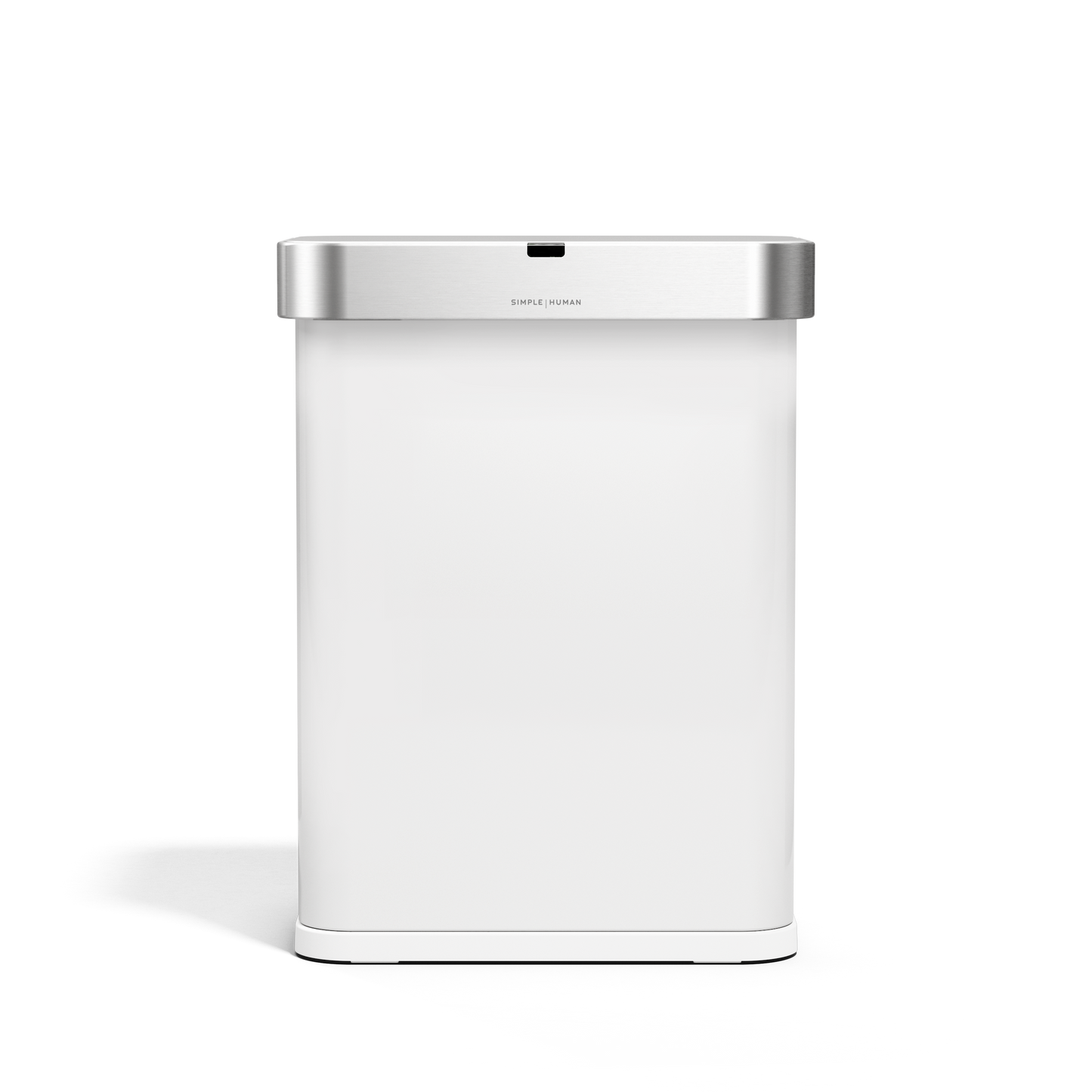 Simplehuman 58L Rectangular Sensor Can in White, Brushed Stainless Steel lid, touch-free operation.