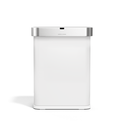 Simplehuman 58L Rectangular Sensor Can in White, Brushed Stainless Steel lid, touch-free operation.