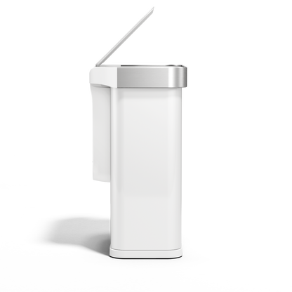 Side view of Simplehuman 58L Rectangular Sensor Can in White/Brushed Stainless Steel, open touch-free lid.