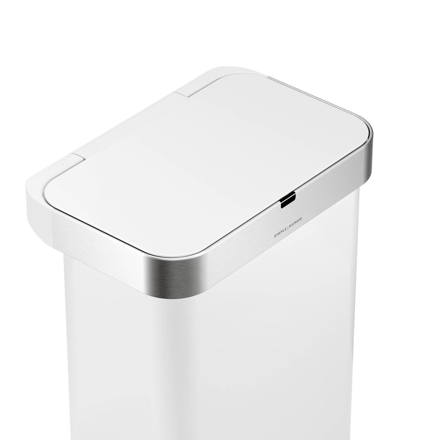 Detail view of Simplehuman 58L Sensor Can in White showing the touch-free sensor and Brushed Stainless Steel trim.