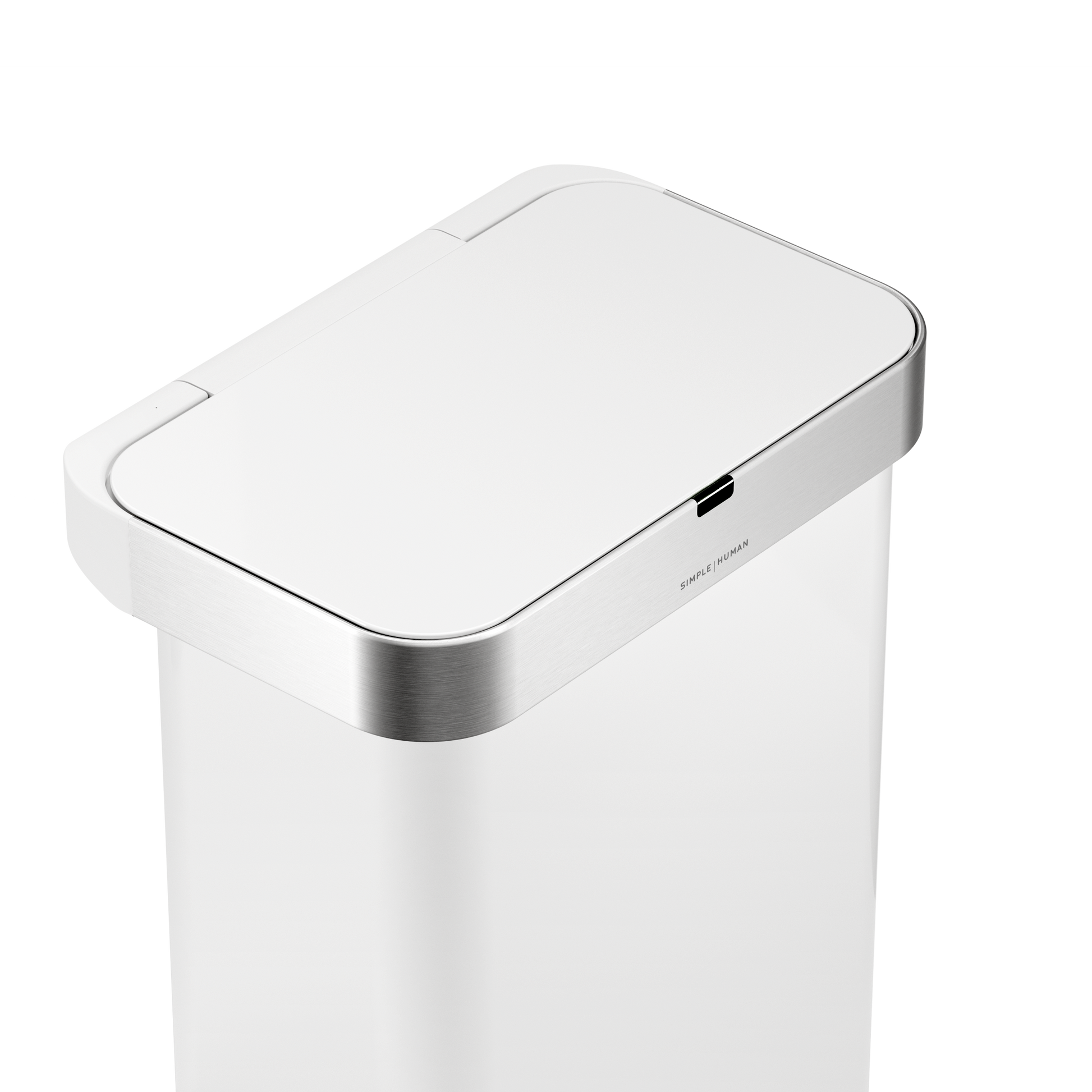 Detail view of Simplehuman 58L Sensor Can in White showing the touch-free sensor and Brushed Stainless Steel trim.