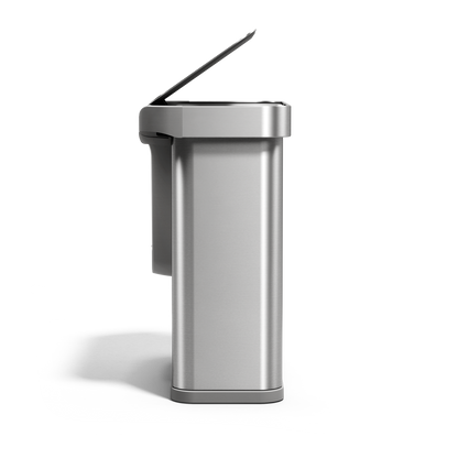 Side view, Simplehuman 58L Sensor Recycler, Brushed Stainless Steel, touch-free dual bin with lid open.