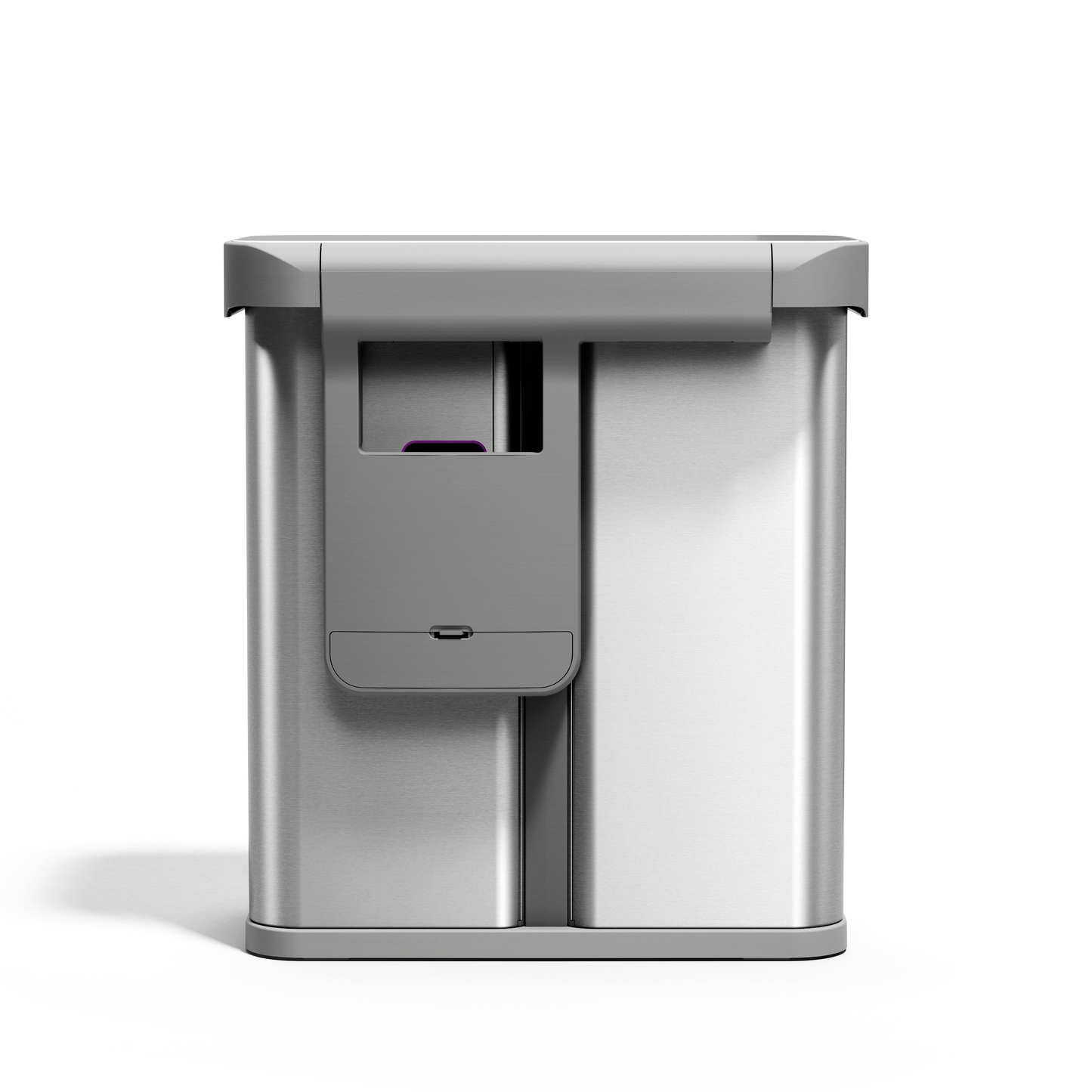 Close-up of Simplehuman 58L Sensor Recycler, Brushed Stainless Steel, showing the touch-free sensor lid.