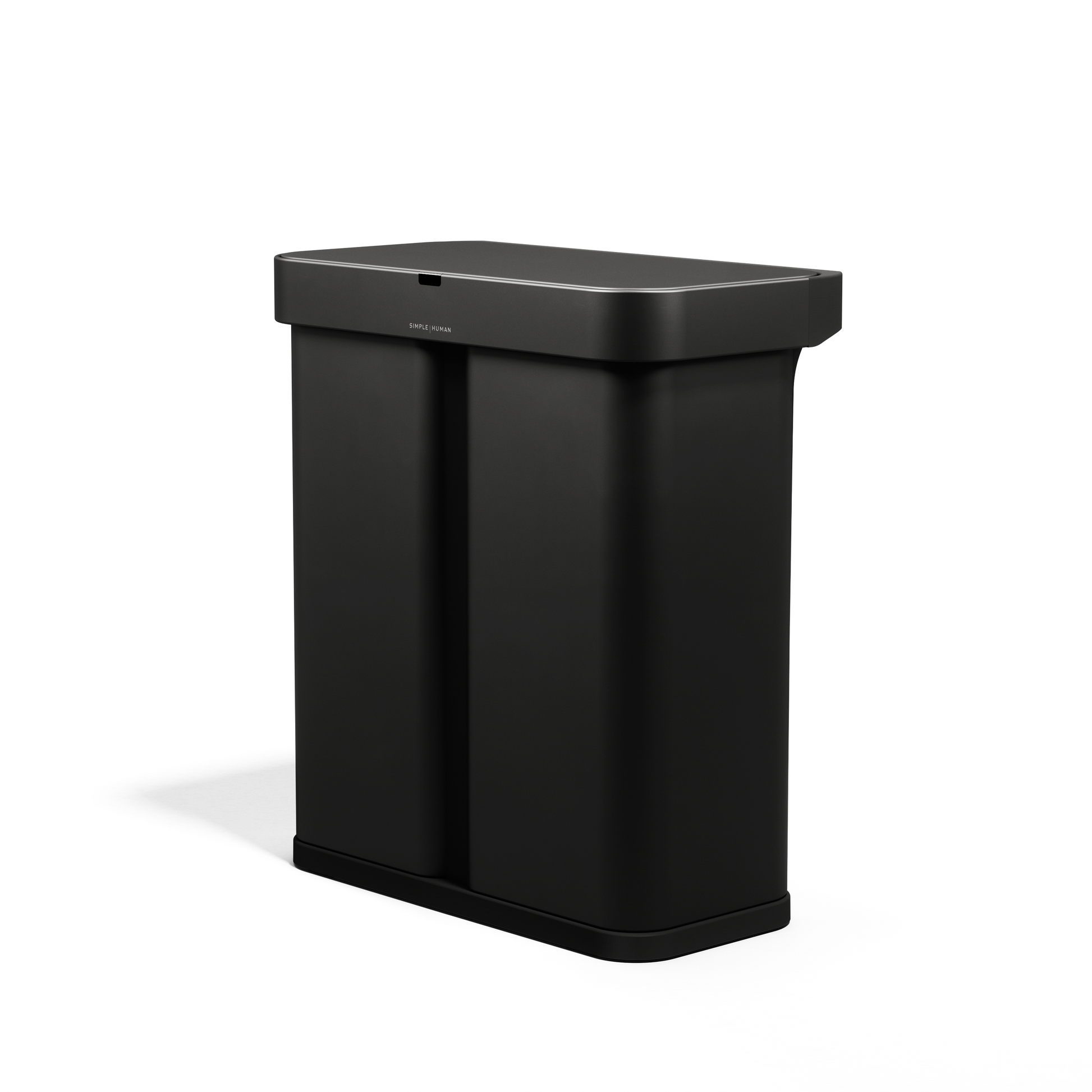 Angled view, Simplehuman 58L Sensor Recycler, Matte Black, touch-free dual bin system.