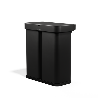 Angled view, Simplehuman 58L Sensor Recycler, Matte Black, touch-free dual bin system.