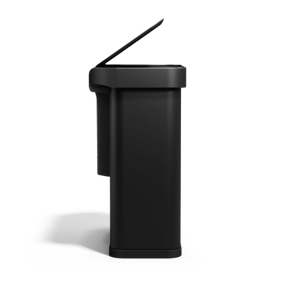 Side view, Simplehuman 58L Sensor Recycler, Matte Black, touch-free dual bin with lid open.