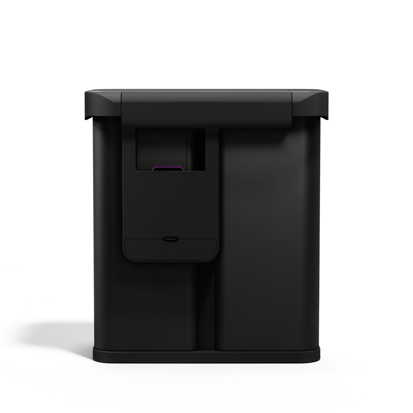 Side view, Simplehuman 58L Sensor Recycler, Matte Black, closed profile showing the built-in liner dispenser.