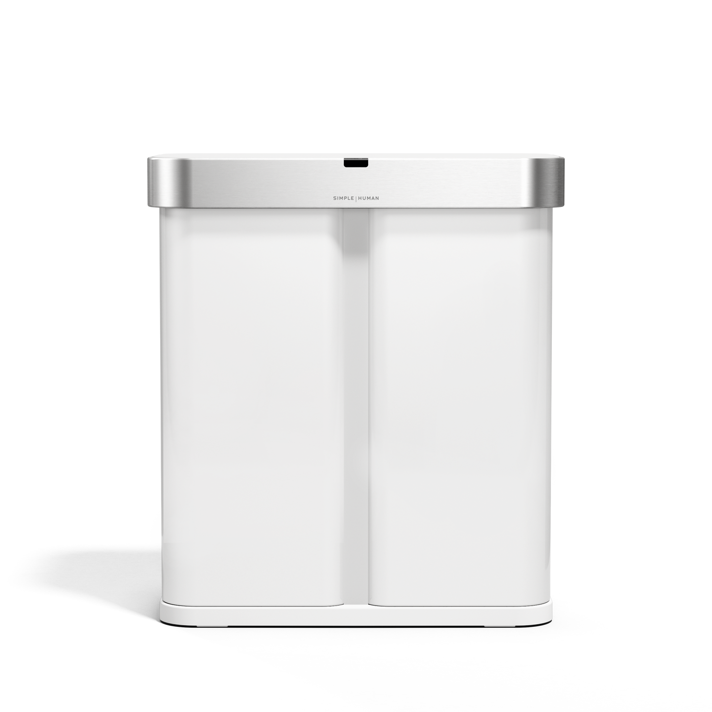Front view, Simplehuman 58L Sensor Recycler in White/Brushed Stainless Steel, touch-free dual bin system.