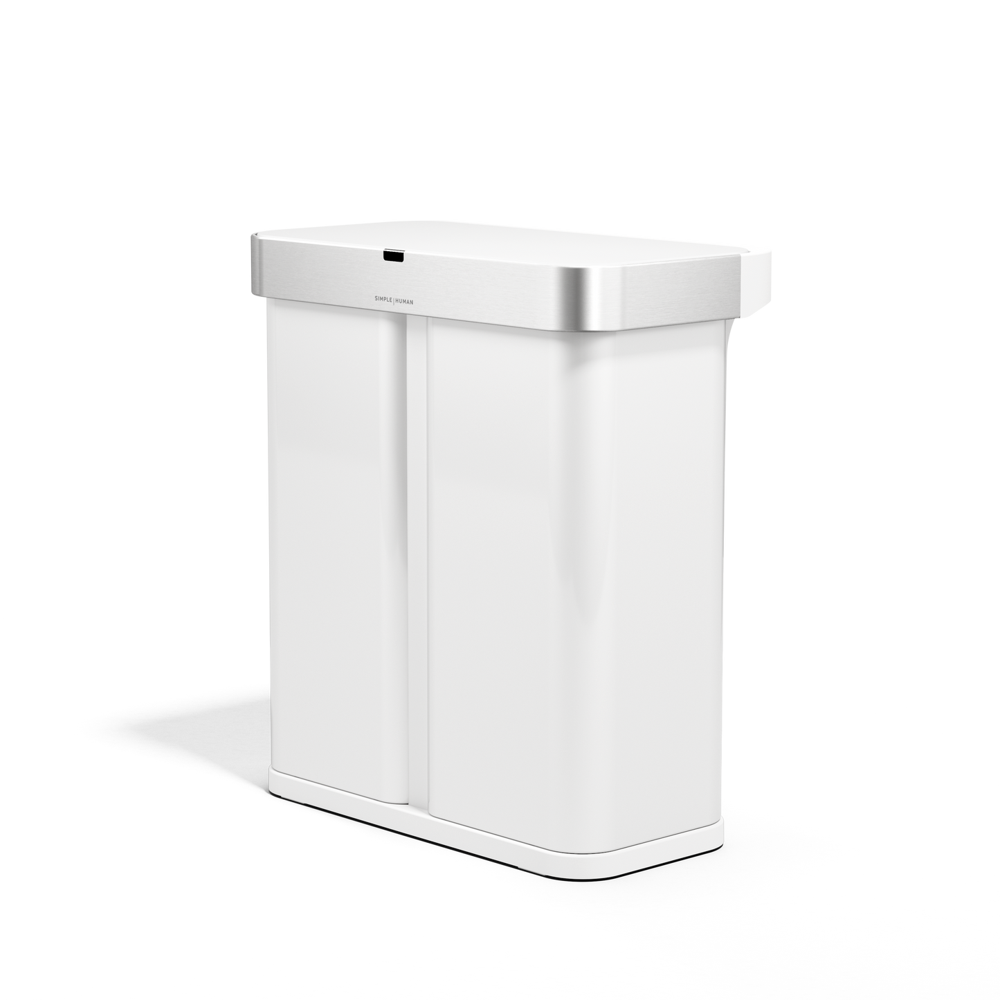 Angled view of Simplehuman 58L Sensor Recycler, White/Brushed Stainless Steel, touch-free dual trash and recycling bin.