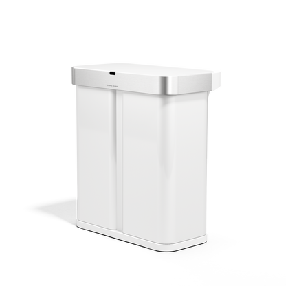 Angled view of Simplehuman 58L Sensor Recycler, White/Brushed Stainless Steel, touch-free dual trash and recycling bin.