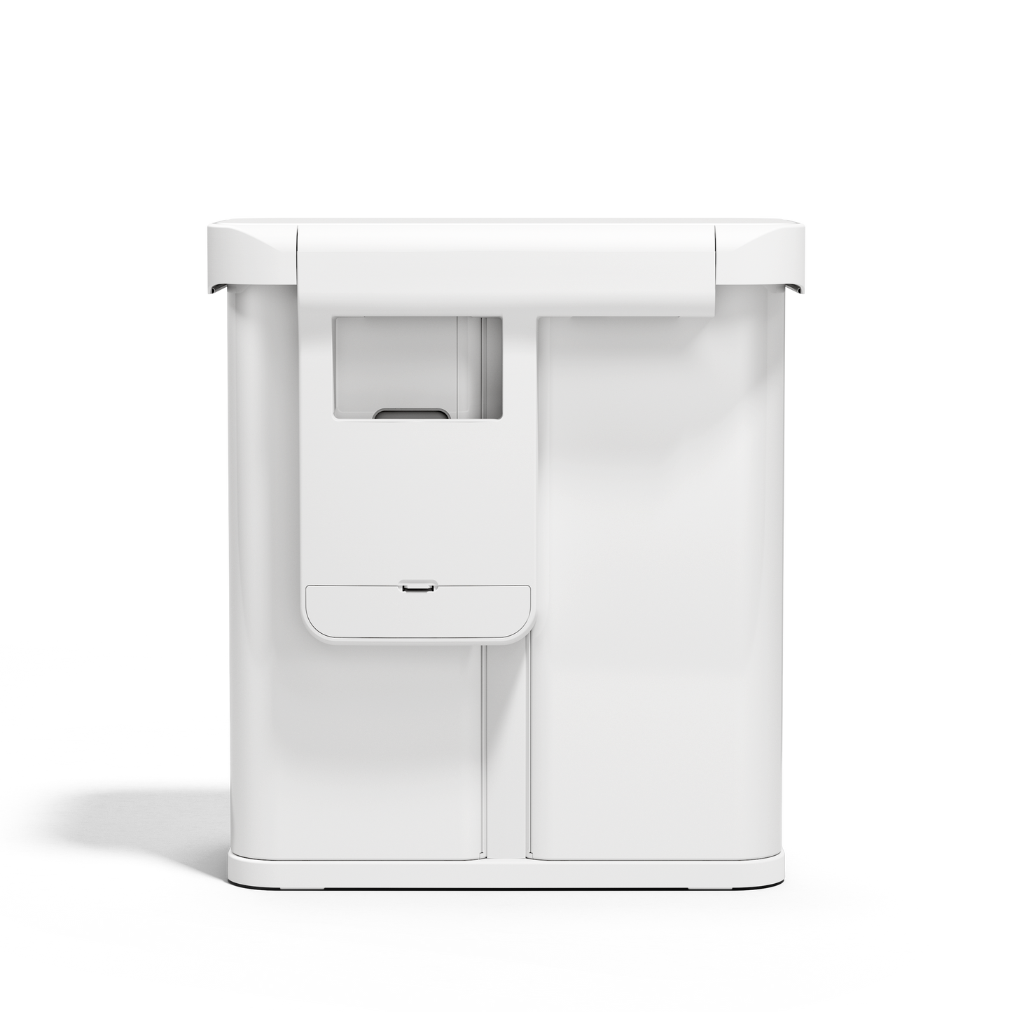 Back view, Simplehuman White 58L Sensor Recycler showing the integrated liner dispenser pocket.