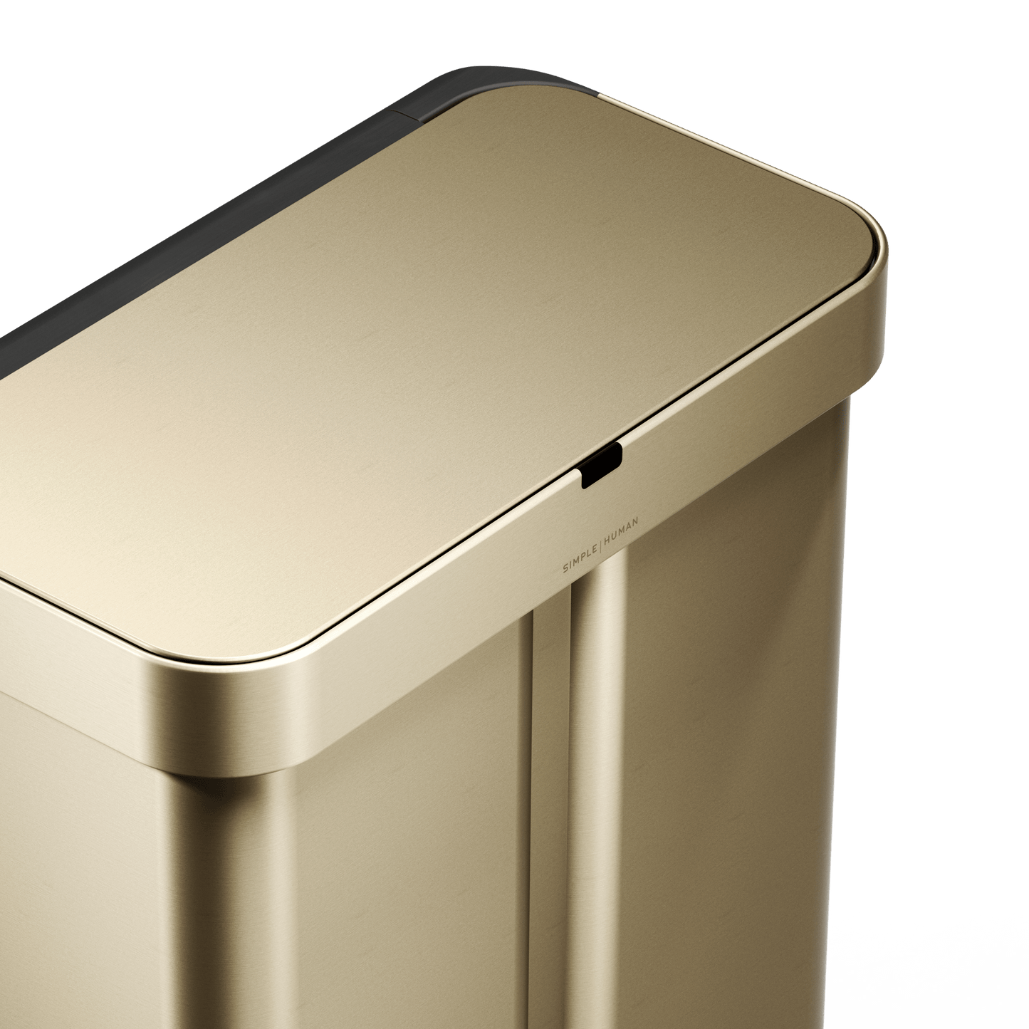 Simplehuman's Matte Gold Sensor Recycler top view highlighting the lid and the sensor.