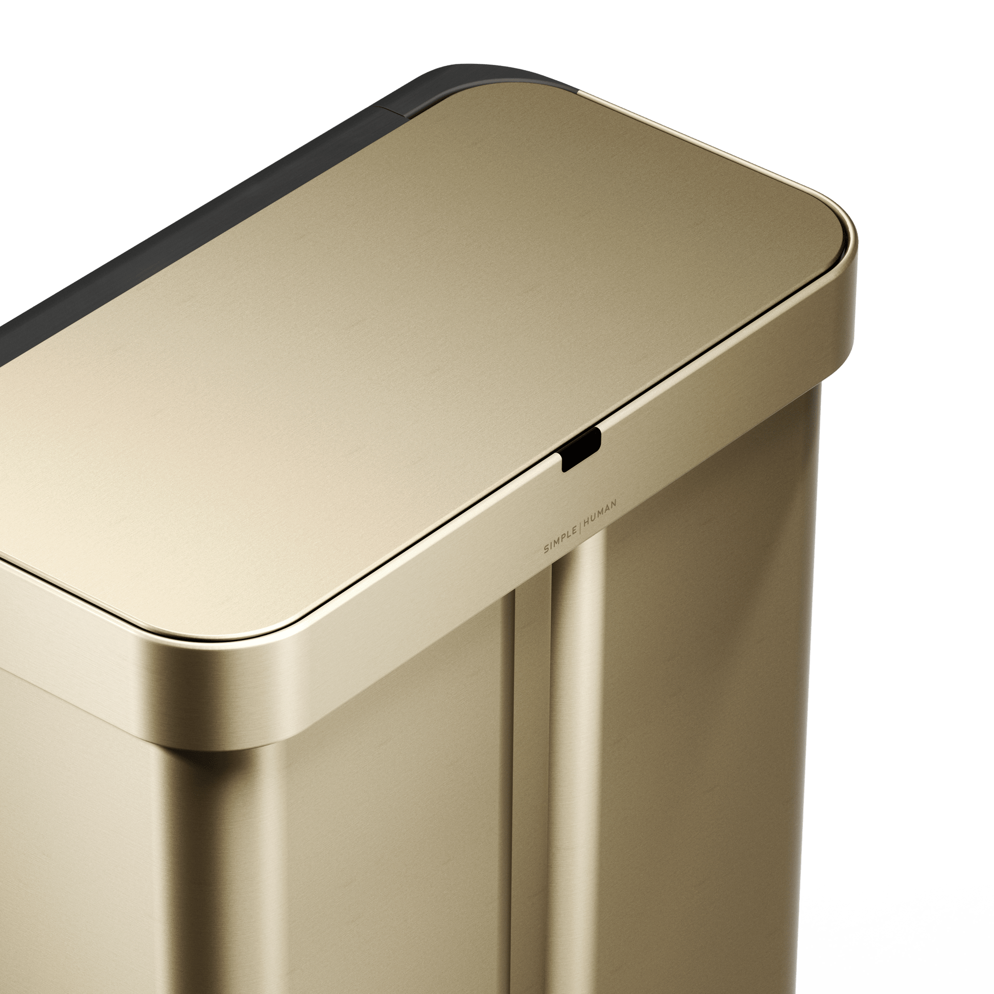 Simplehuman's Matte Gold Sensor Recycler top view highlighting the lid and the sensor.