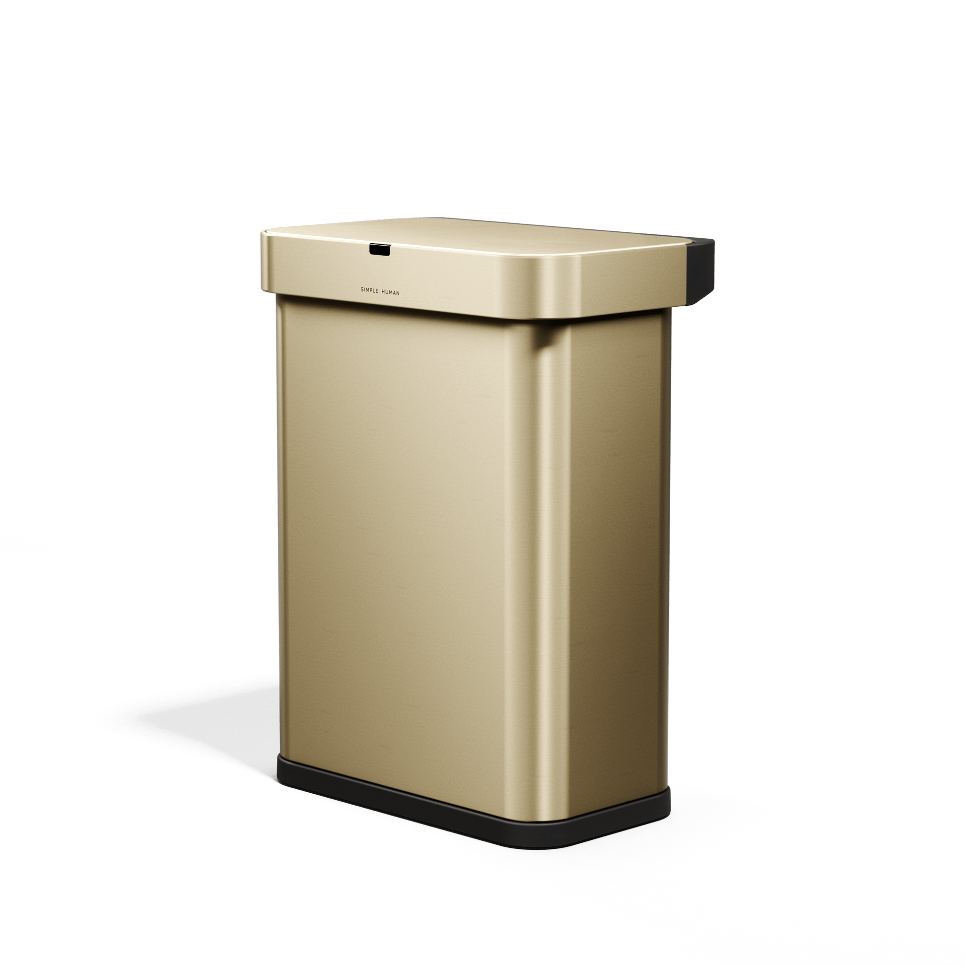 Simplehuman's Sensor Can in matte gold side angled view.