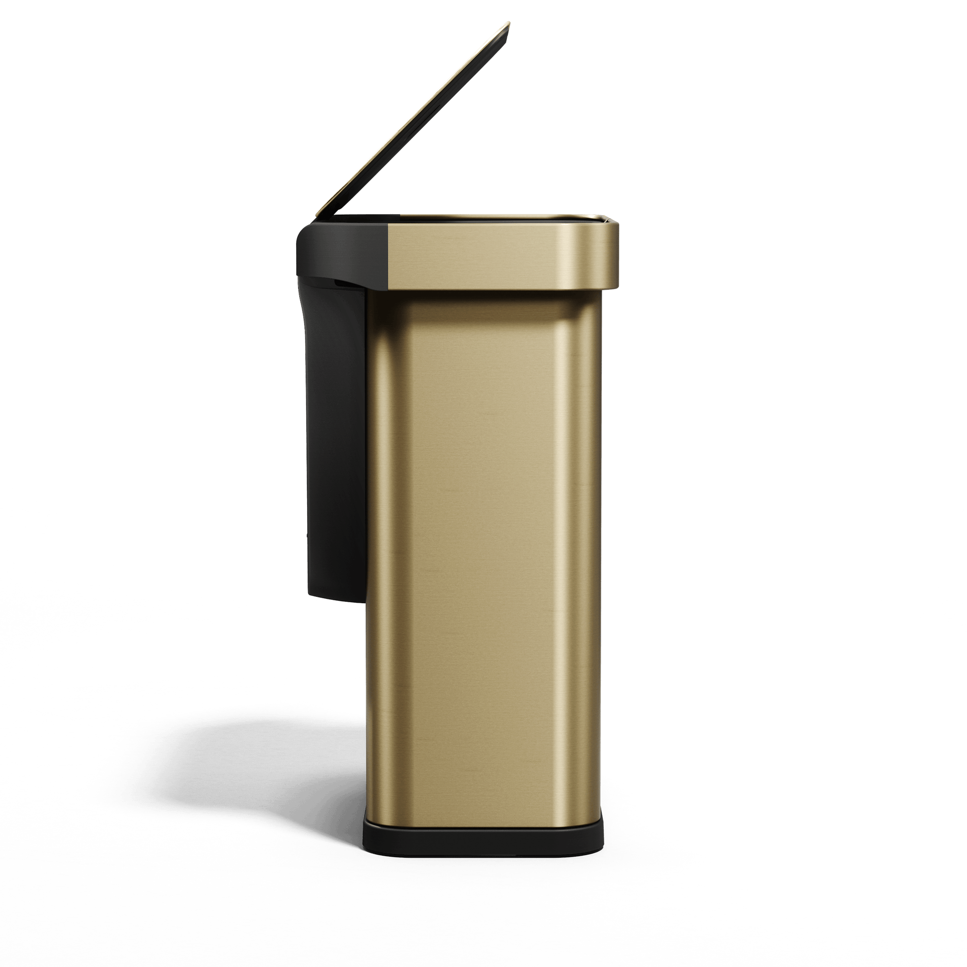 Simplehuman's Sensor Can in Matte Gold Side view showcasing the lid being opened and the black trim around the can.