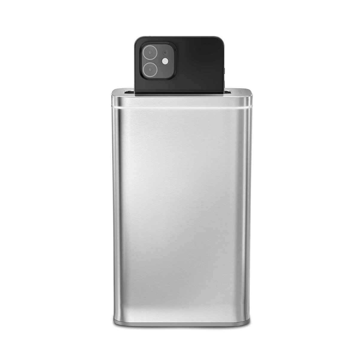 Simplehuman Cleanstation in Brushed Stainless Steel, UV-C sanitizer with phone inserted.