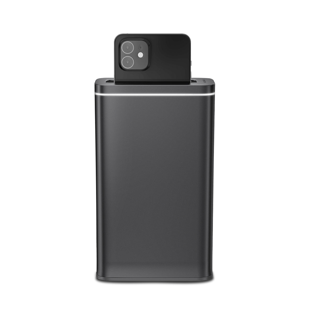 Simplehuman Cleanstation, Brushed Stainless Steel, UV-C sanitizer with phone inserted, showing light indicator.