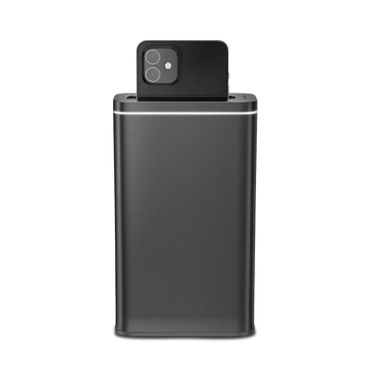 Simplehuman Cleanstation, Brushed Stainless Steel, UV-C sanitizer with phone inserted, showing light indicator.