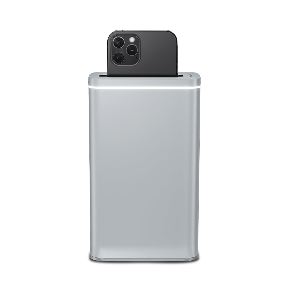 Front view of Simplehuman Cleanstation, Brushed Stainless Steel, UV-C sanitizer cleaning phone with active indicator light.