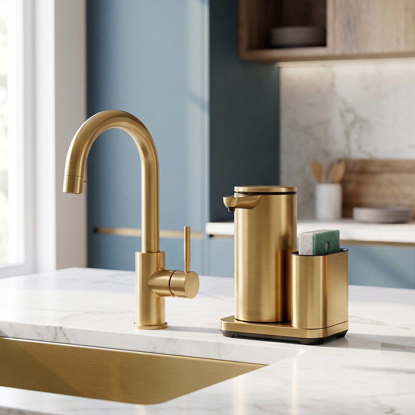 Simplehuman's 14 oz. Liquid Sensor Pump with Caddy in a modern kitchen setting with marble countertops and blue cabinets.