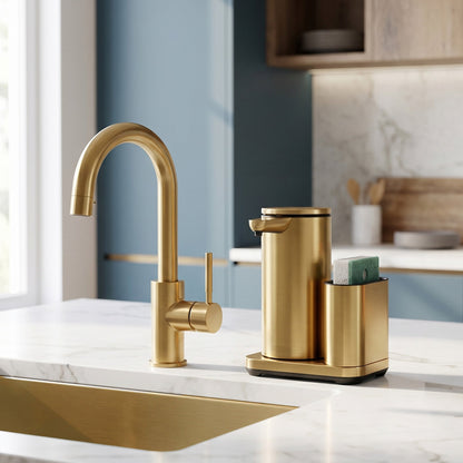 Simplehuman's 14 oz. Liquid Sensor Pump with Caddy in a modern kitchen setting with marble countertops and blue cabinets.