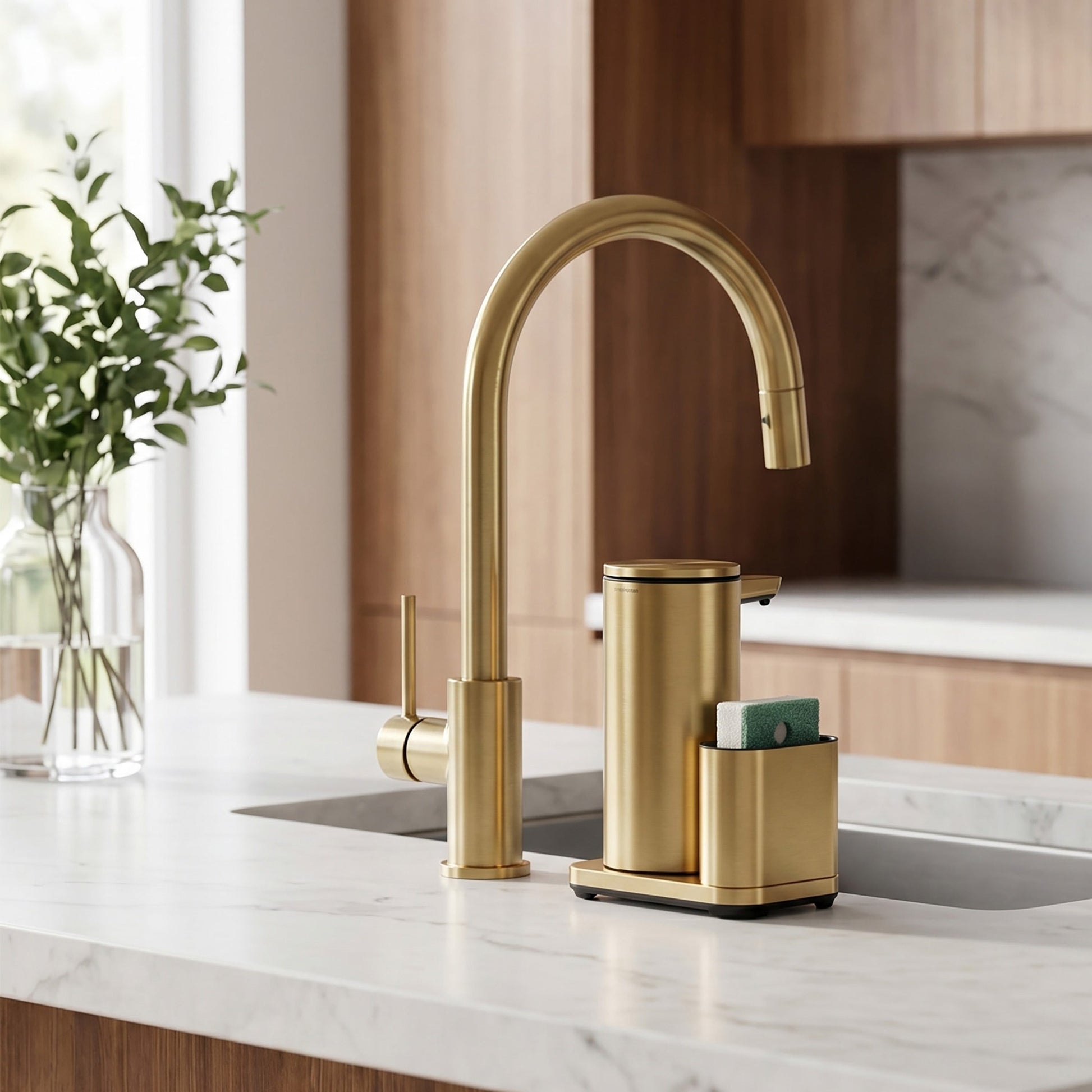 Simplehuman's 9 oz. Liquid Sensor Pump with Caddy in Brass in a modern kitchen setting with natural light, modern countertops, and wooden cabinets.