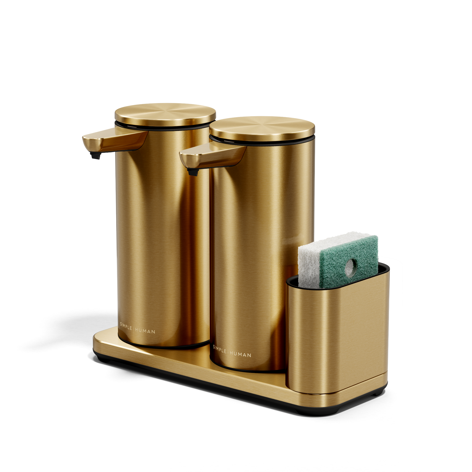 Angled studio view: Simplehuman Brushed Brass Dual Sensor Pump 14 oz. with integrated caddy, rechargeable, touch-free soap.