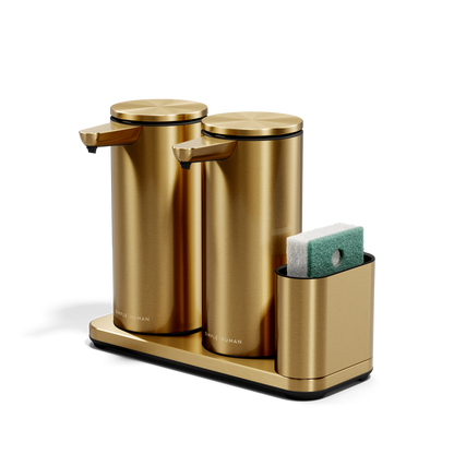 Angled studio view: Simplehuman Brushed Brass Dual Sensor Pump 14 oz. with integrated caddy, rechargeable, touch-free soap.