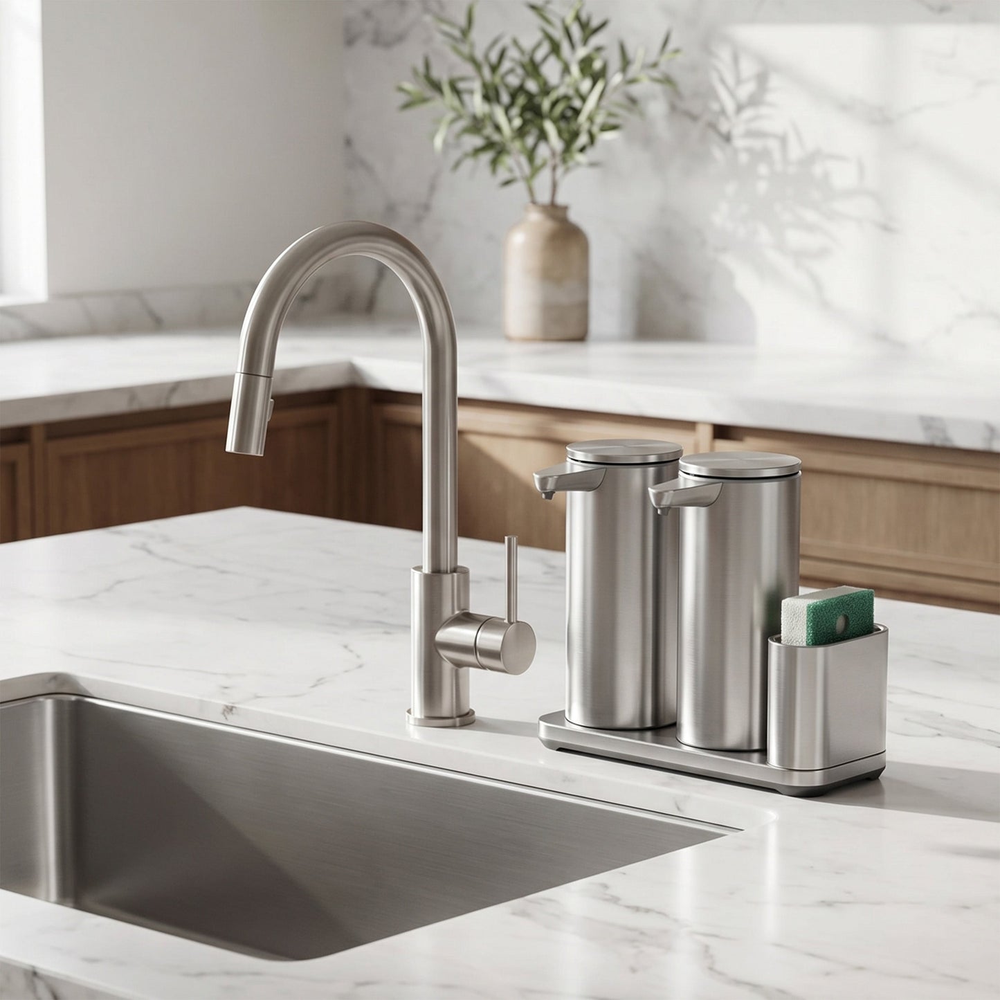 Simplehuman's Dual 14 oz. Liquid Sensor Pump with Caddy in Brushed on a marble countertop in a simple, refined kitchen setting.