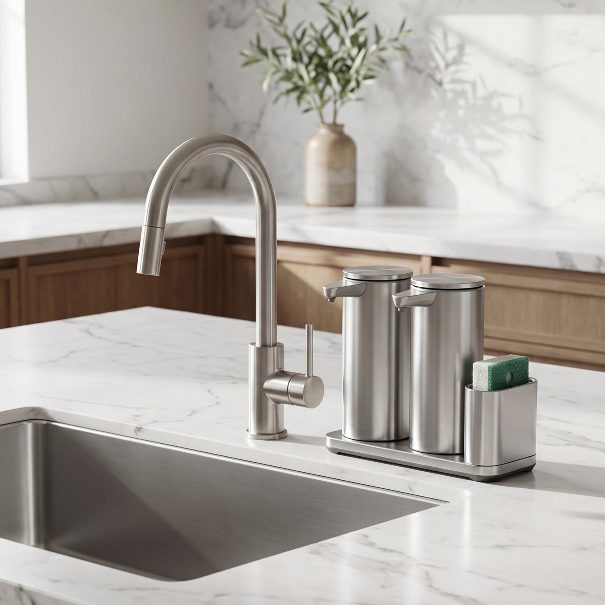 Simplehuman's Dual 14 oz. Liquid Sensor Pump with Caddy in Brushed on a marble countertop in a simple, refined kitchen setting.