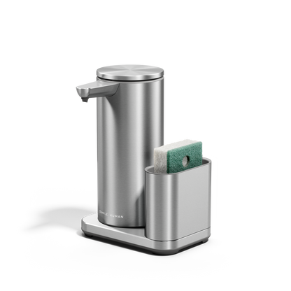 Angled view of Simplehuman 14 oz Sensor Pump + Caddy in Brushed Stainless Steel, touch-free operation.
