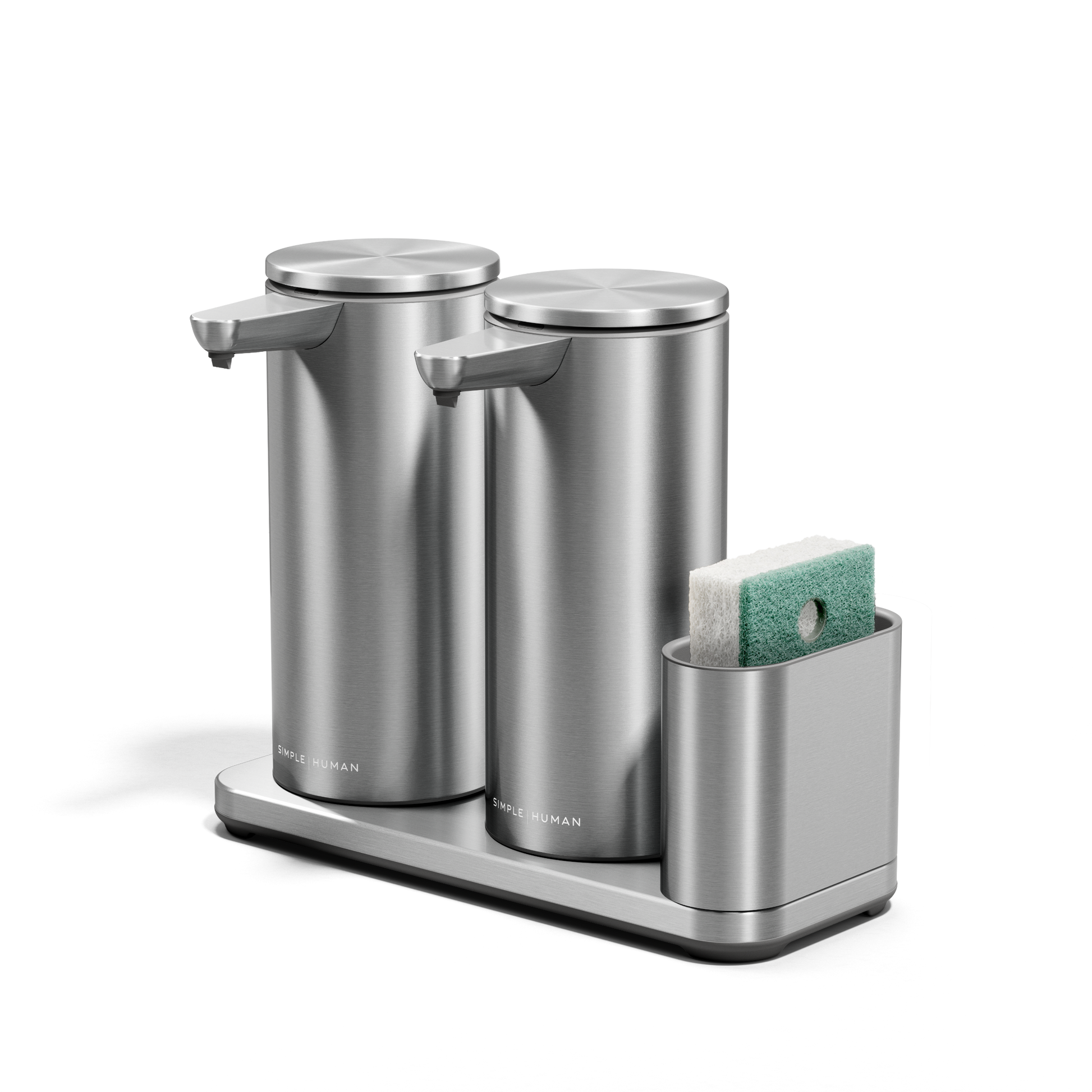 Angled view of Simplehuman Dual Sensor Pump 14 oz. with Caddy in Brushed Stainless Steel, touch-free soap dispenser.