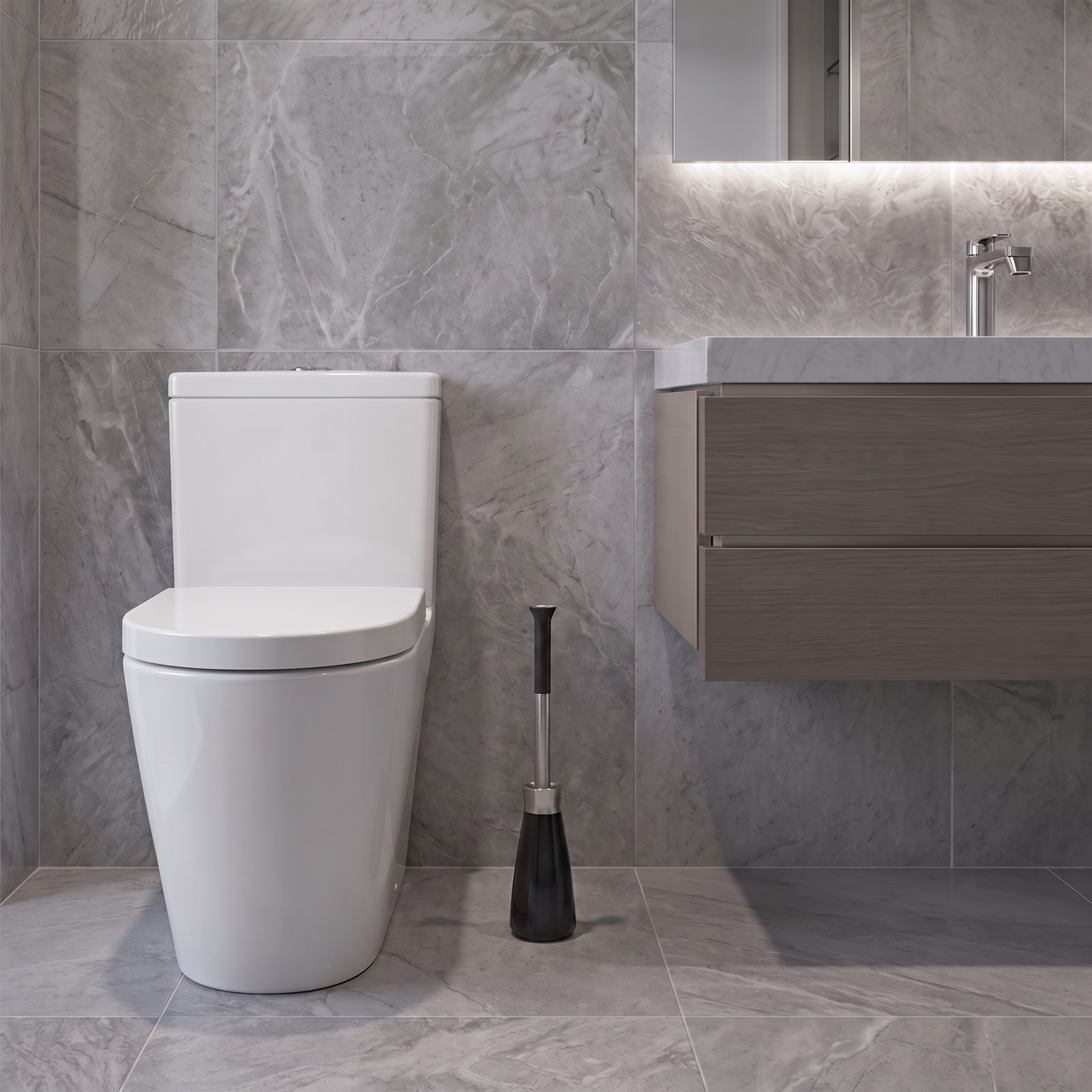 A Simplehuman Black Finished Toilet Brush Placed Beside A Toilet.