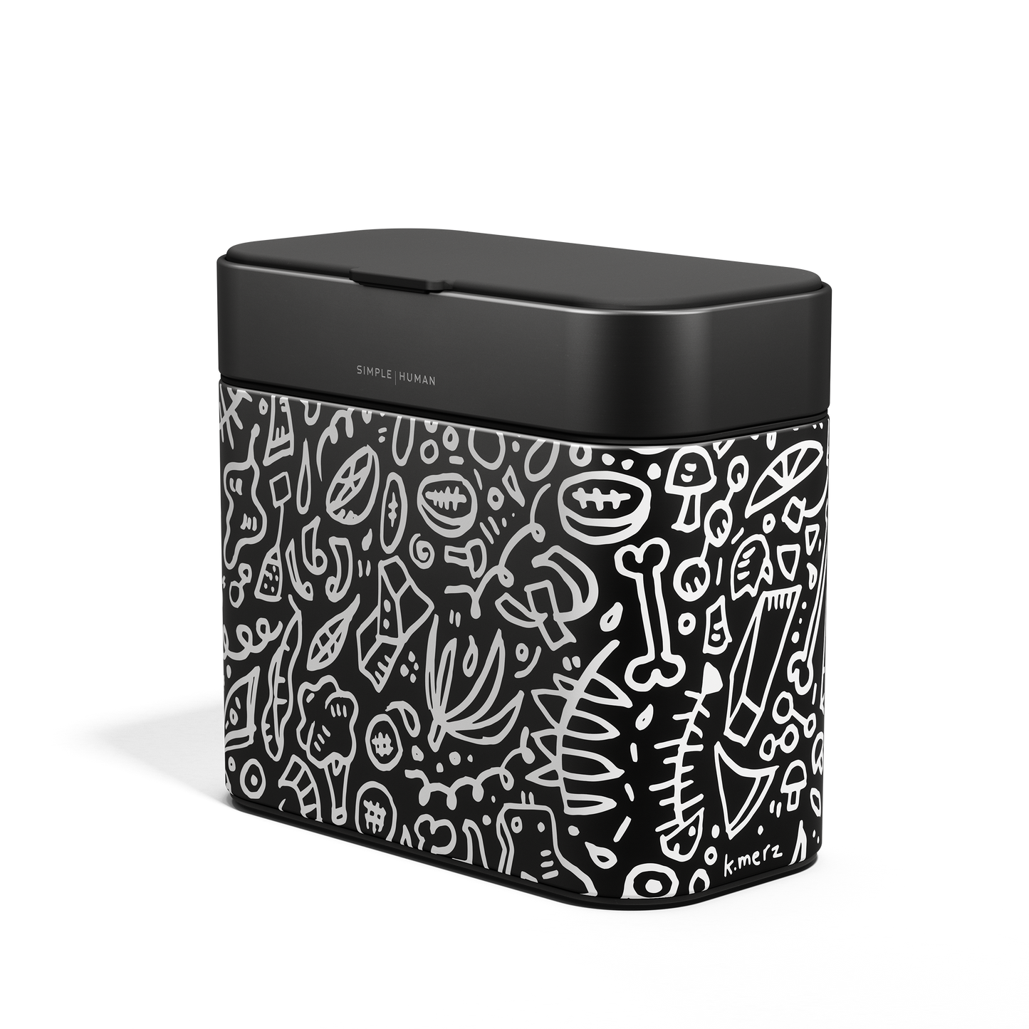 Angled view of Simplehuman Compost Caddy in Matte Black with white doodle pattern, odor-proof countertop use.