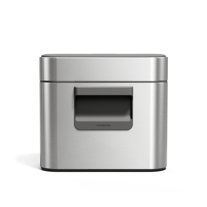 Simplehuman Brushed Stainless Steel Compost Caddy, front view highlighting the magnetic latch handle for airtight seal.