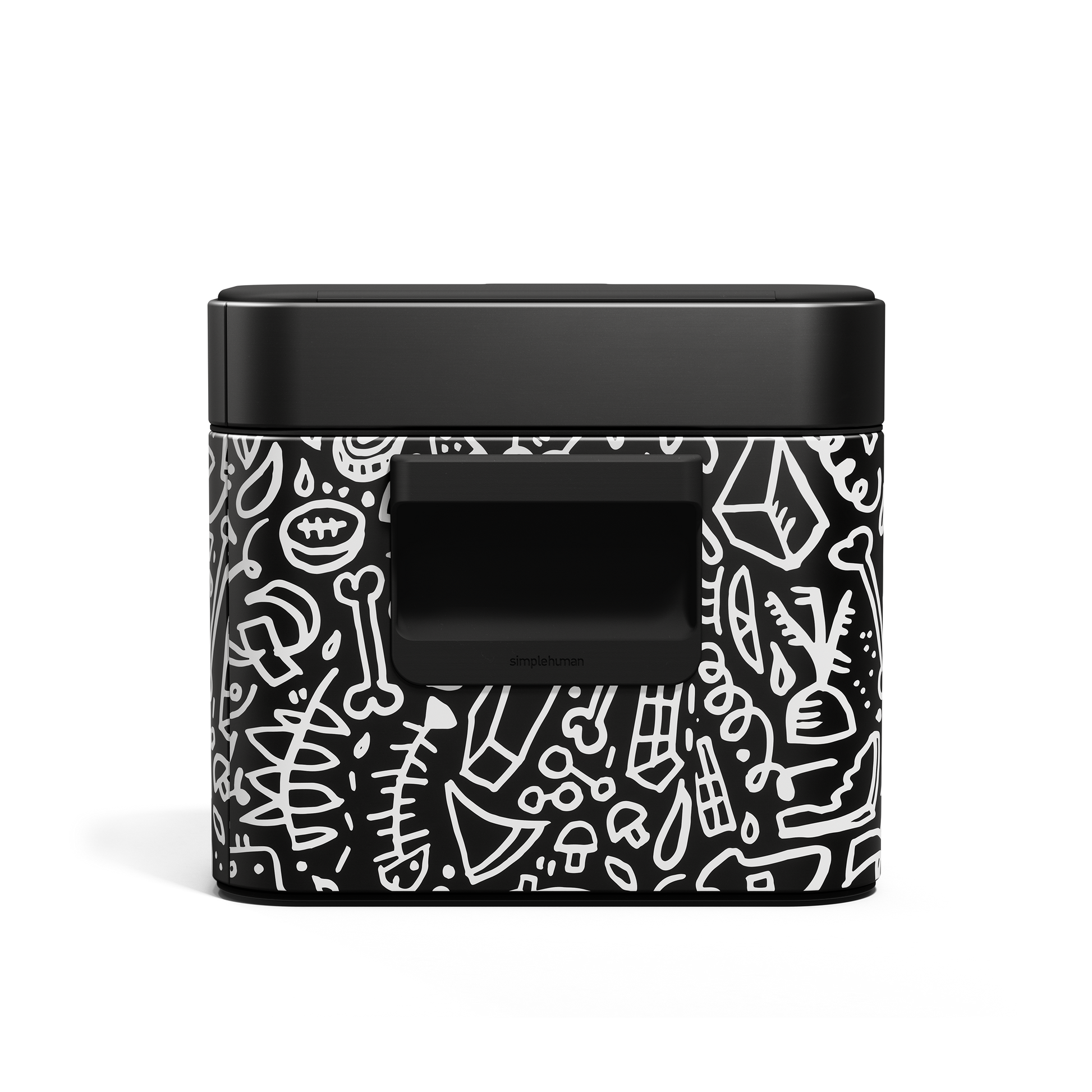 Simplehuman Matte Black Compost Caddy with white doodle pattern. Front view showing magnetic latch handle.