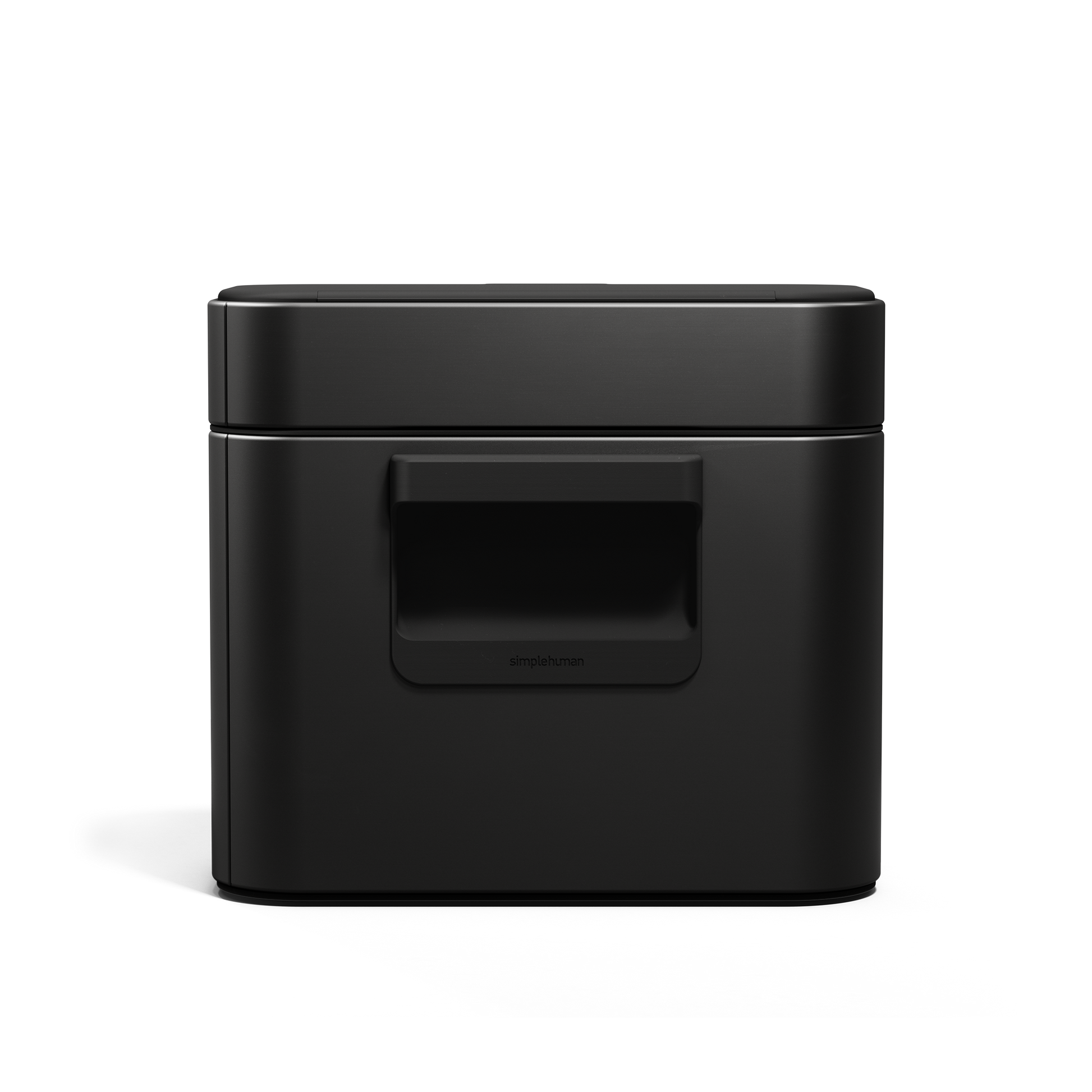 Simplehuman Matte Black Compost Caddy, profile view showing magnetic handle and sealed, odor-proof countertop design.