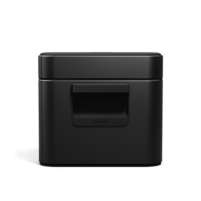 Simplehuman Matte Black Compost Caddy, profile view showing magnetic handle and sealed, odor-proof countertop design.